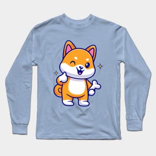 Cute Shiba Inu Holding Bone With Thumb Up Cartoon Long Sleeve T-Shirt